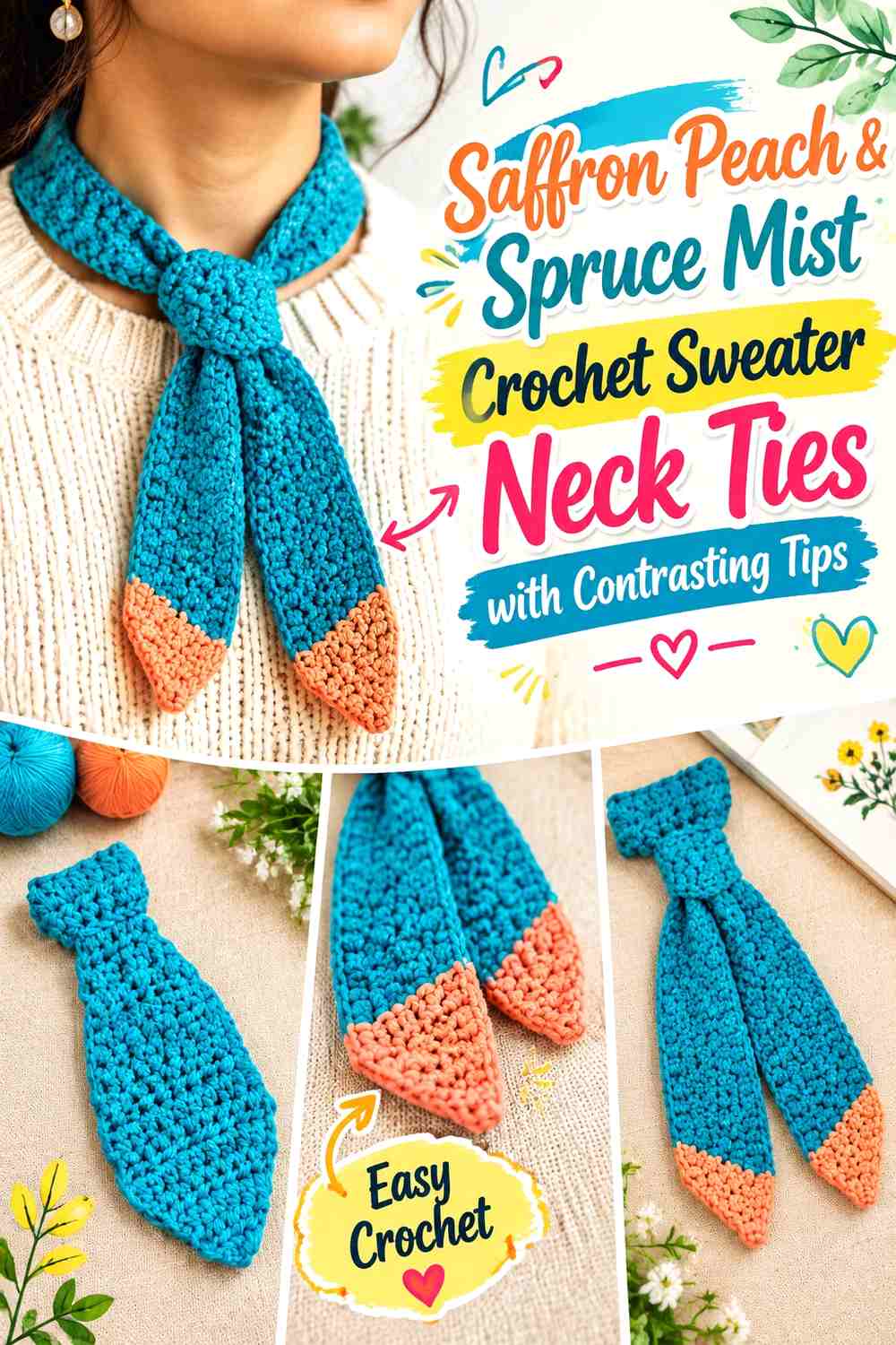Saffron Peach & Spruce Mist Crochet Sweater Neck Ties with Contrasting Tips