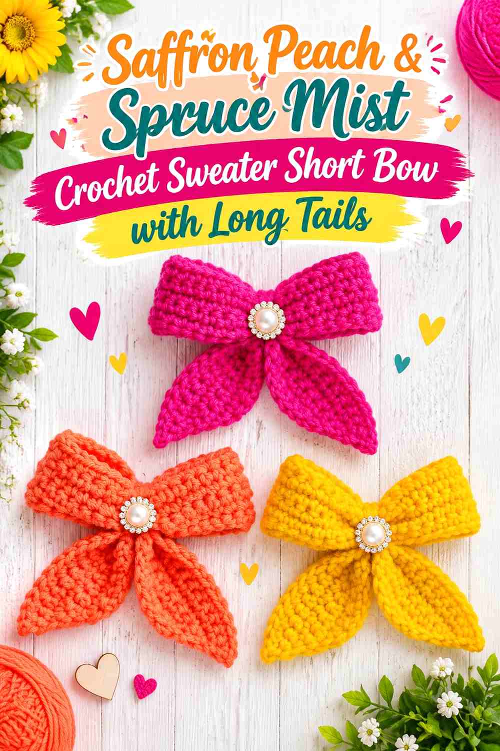 Saffron Peach & Spruce Mist Crochet Sweater Short Bow with Long Tails