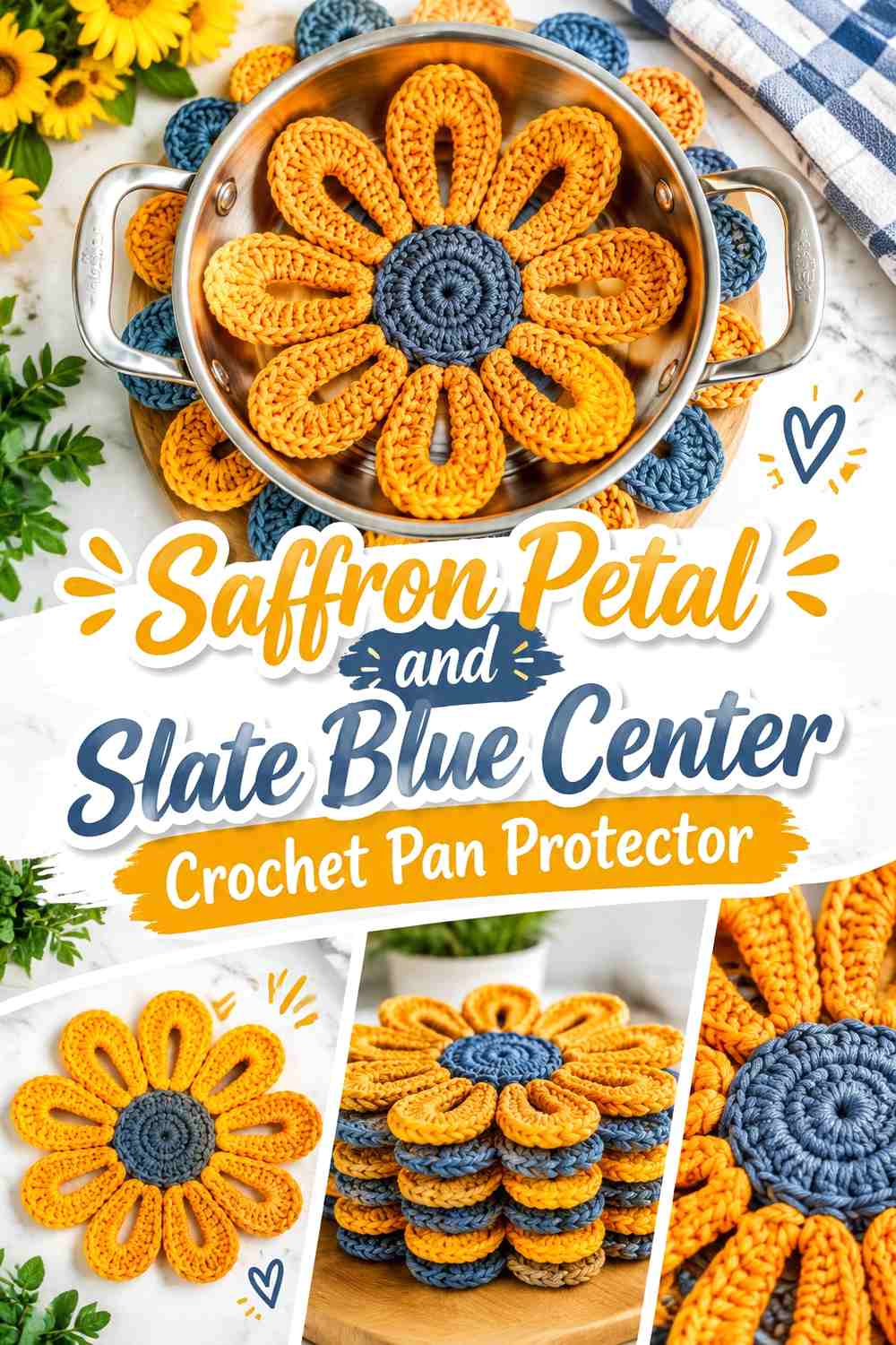 4. Saffron Petal And Slate Blue Center Crochet Pan Protector