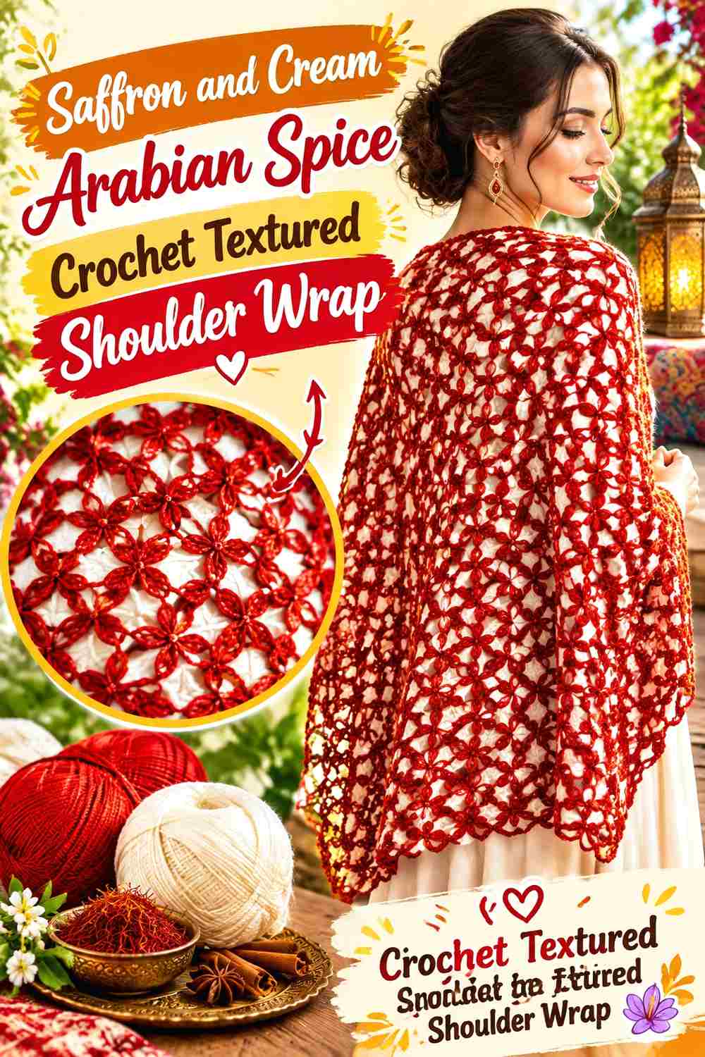 1. Saffron And Cream Arabian Spice Crochet Textured Shoulder Wrap