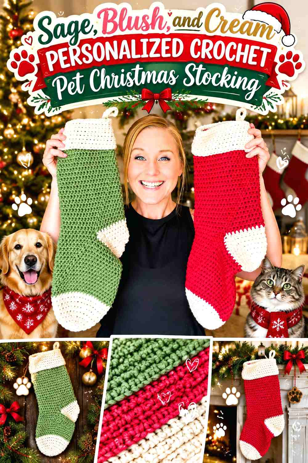 Sage, Blush, and Cream Personalized Crochet Pet Christmas Stocking