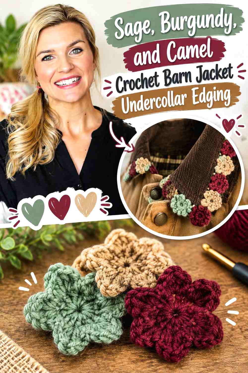 Sage, Burgundy, and Camel Crochet Barn Jacket Undercollar Edging