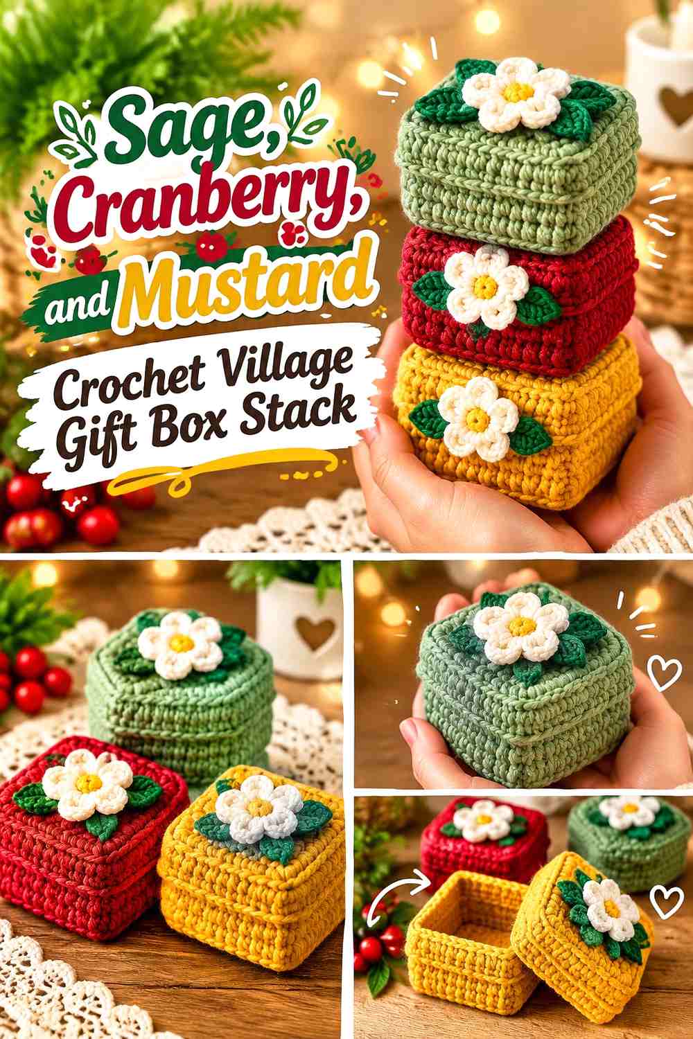 Sage, Cranberry, and Mustard Crochet Village Gift Box Stack