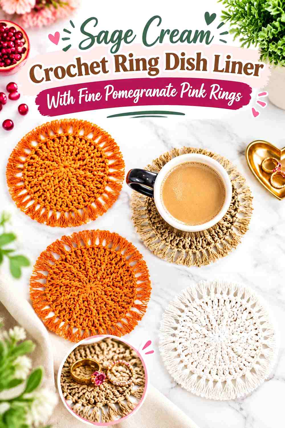 Sage Cream Crochet Ring Dish Liner With Fine Pomegranate Pink Rings