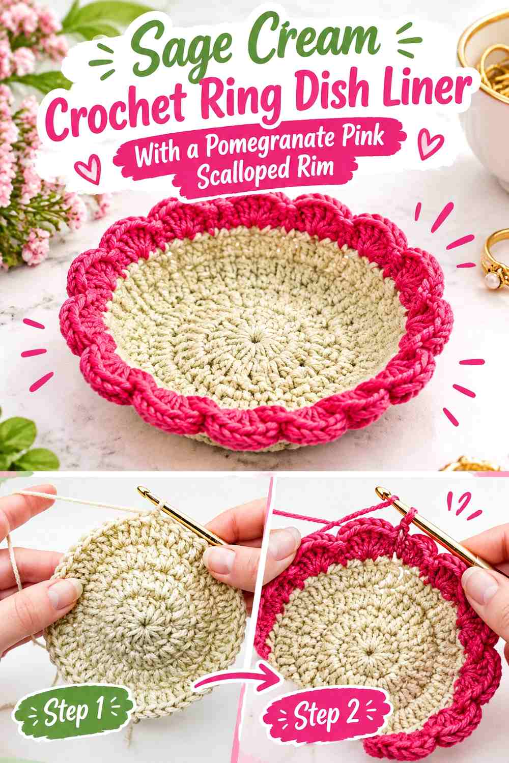 Sage Cream Crochet Ring Dish Liner With a Pomegranate Pink Scalloped Rim