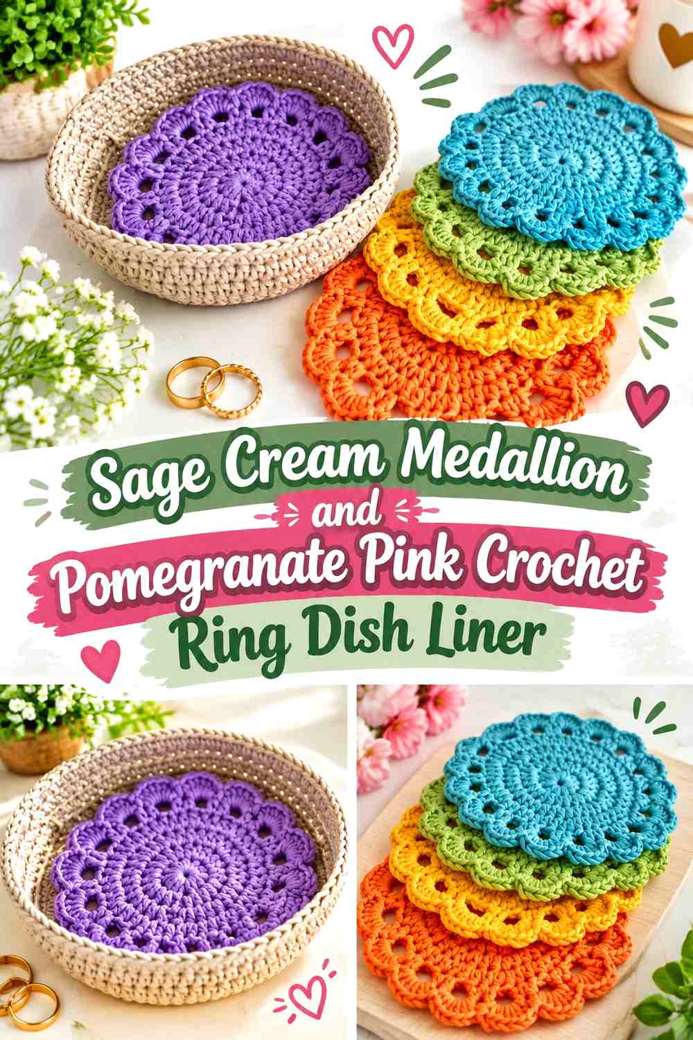 Sage Cream Medallion and Pomegranate Pink Crochet Ring Dish Liner