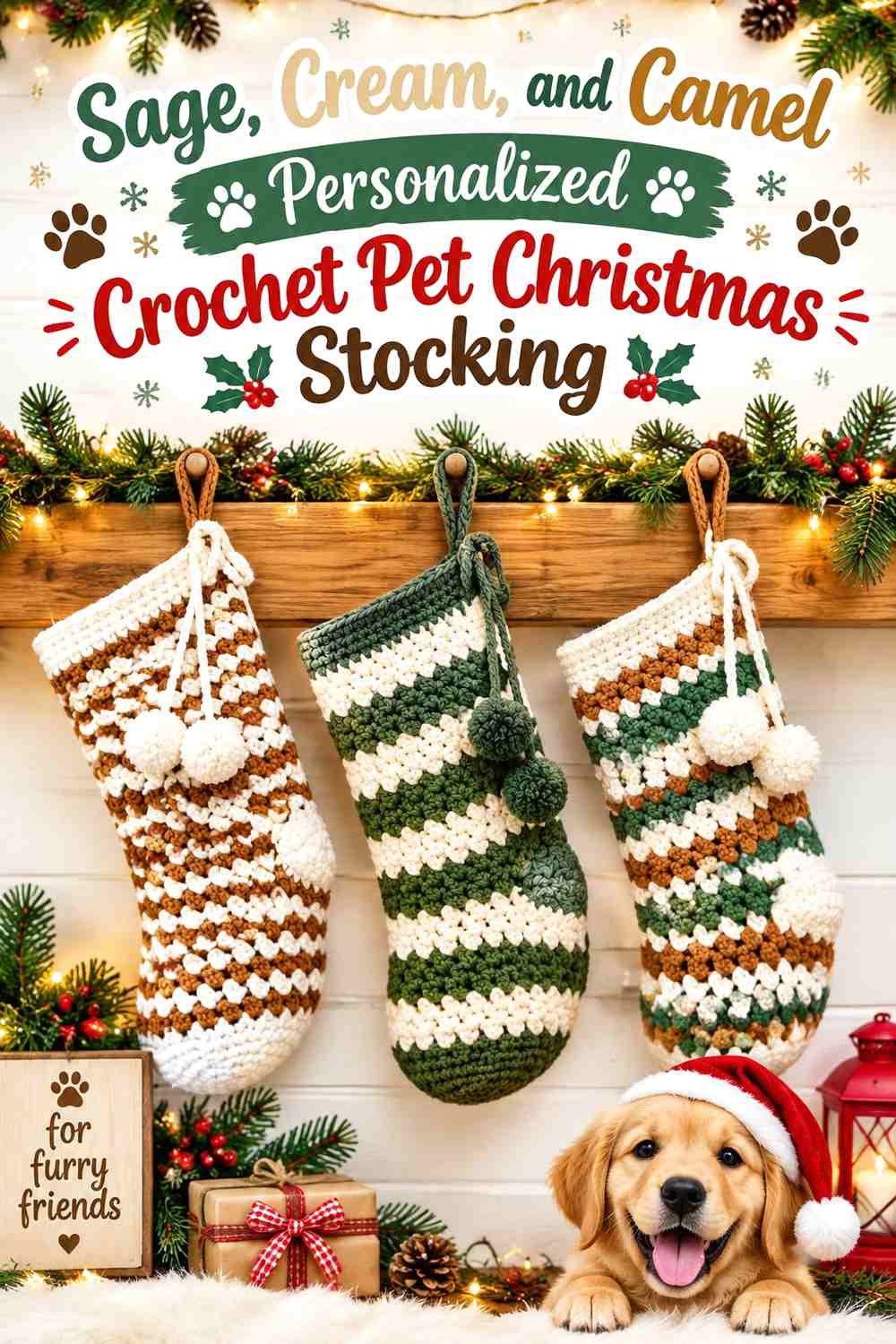 Sage, Cream, and Camel Personalized Crochet Pet Christmas Stocking