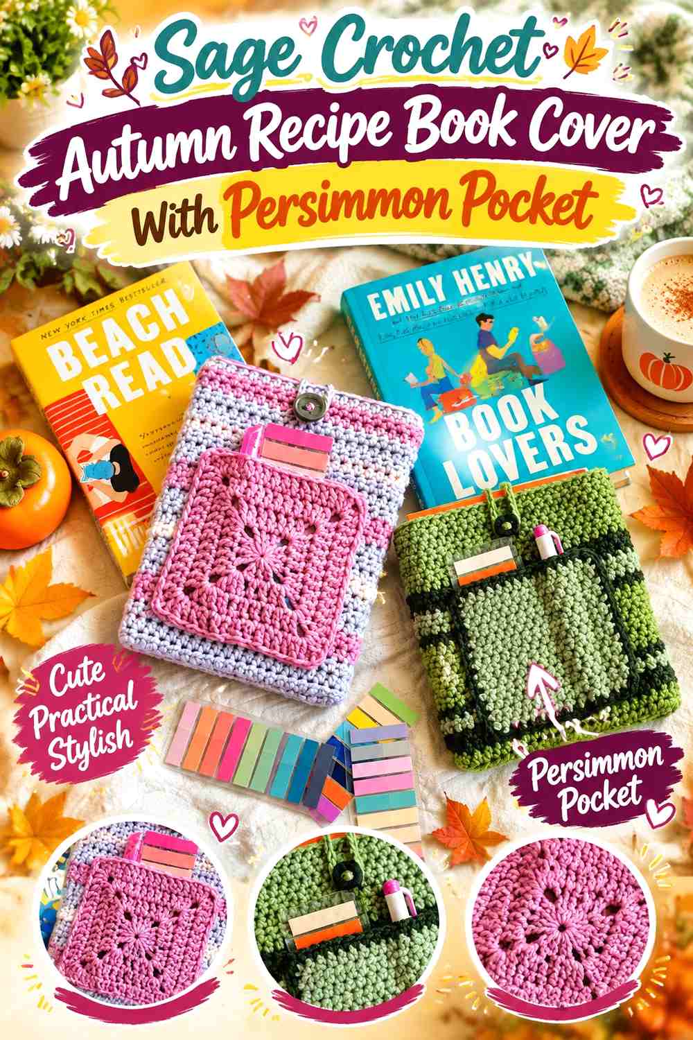 4. Sage Crochet Autumn Recipe Book Cover With Persimmon Pocket