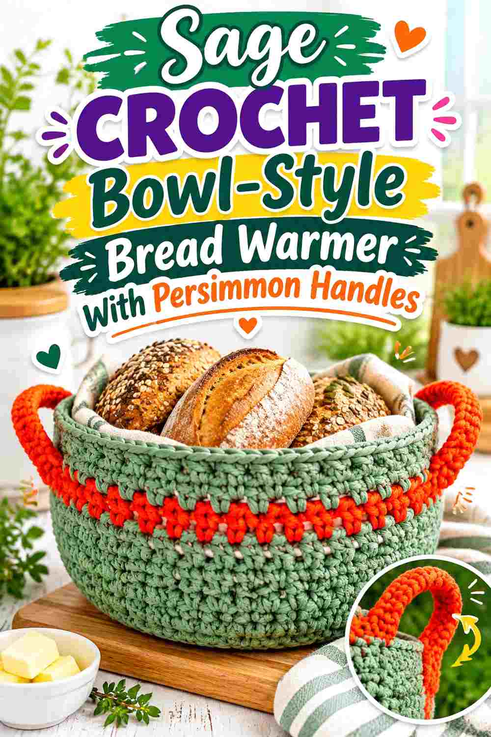 6. Sage Crochet Bowl Style Bread Warmer With Persimmon Handles