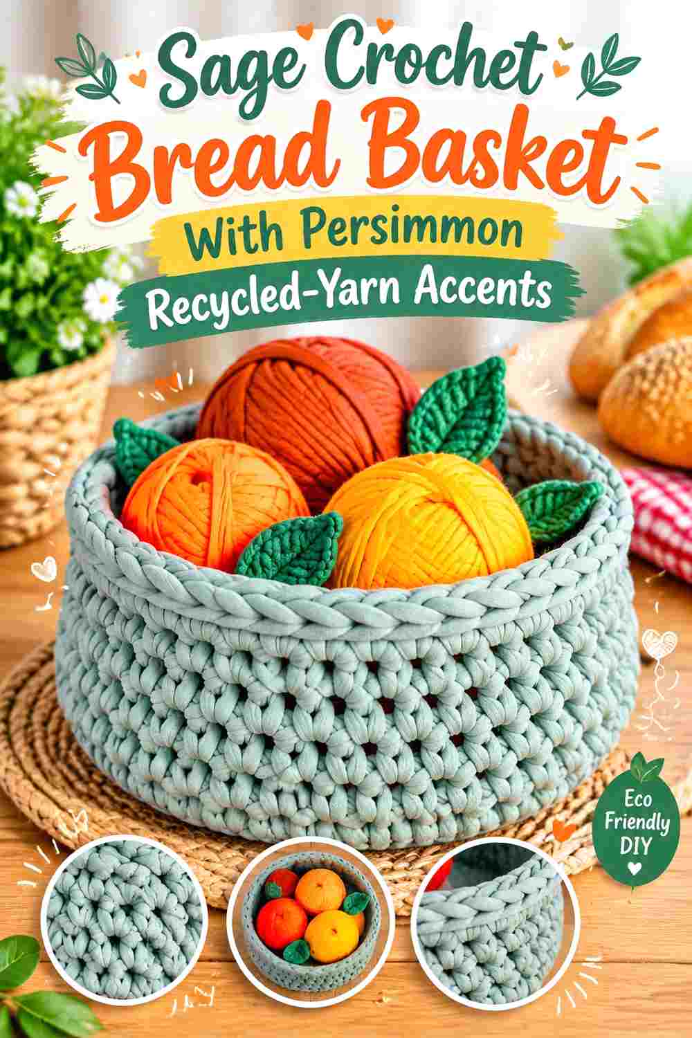 12. Sage Crochet Bread Basket With Persimmon Recycled Yarn Accents