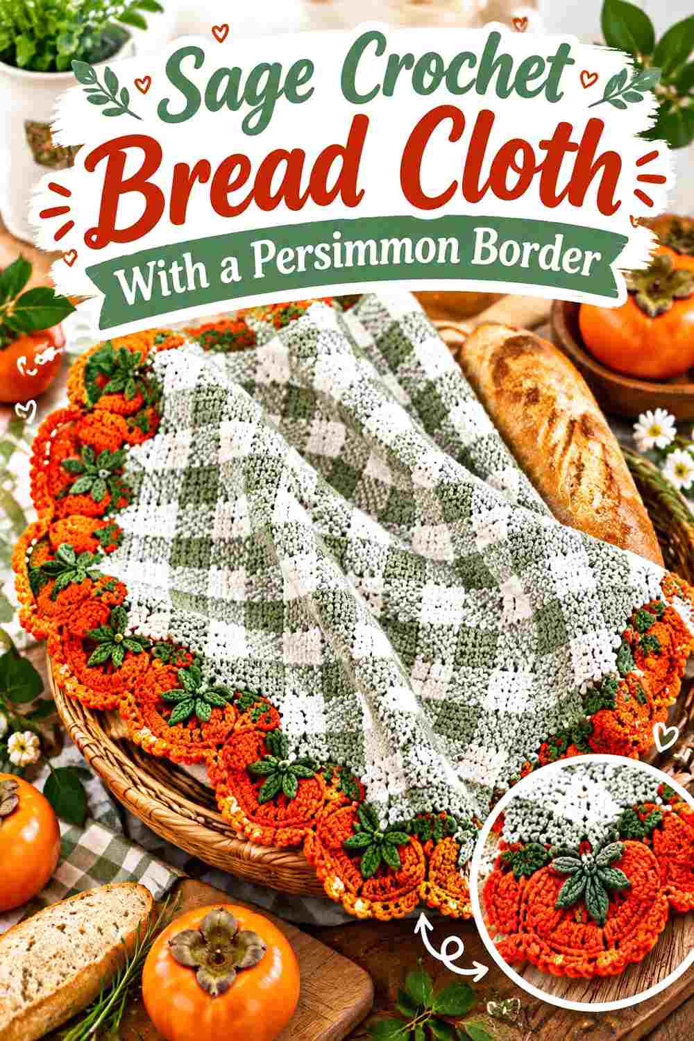 4. Sage Crochet Bread Cloth With A Persimmon Border