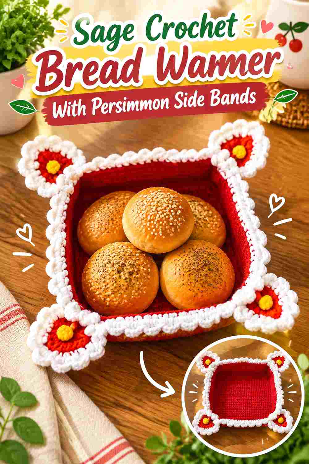 2. Sage Crochet Bread Warmer With Persimmon Side Bands