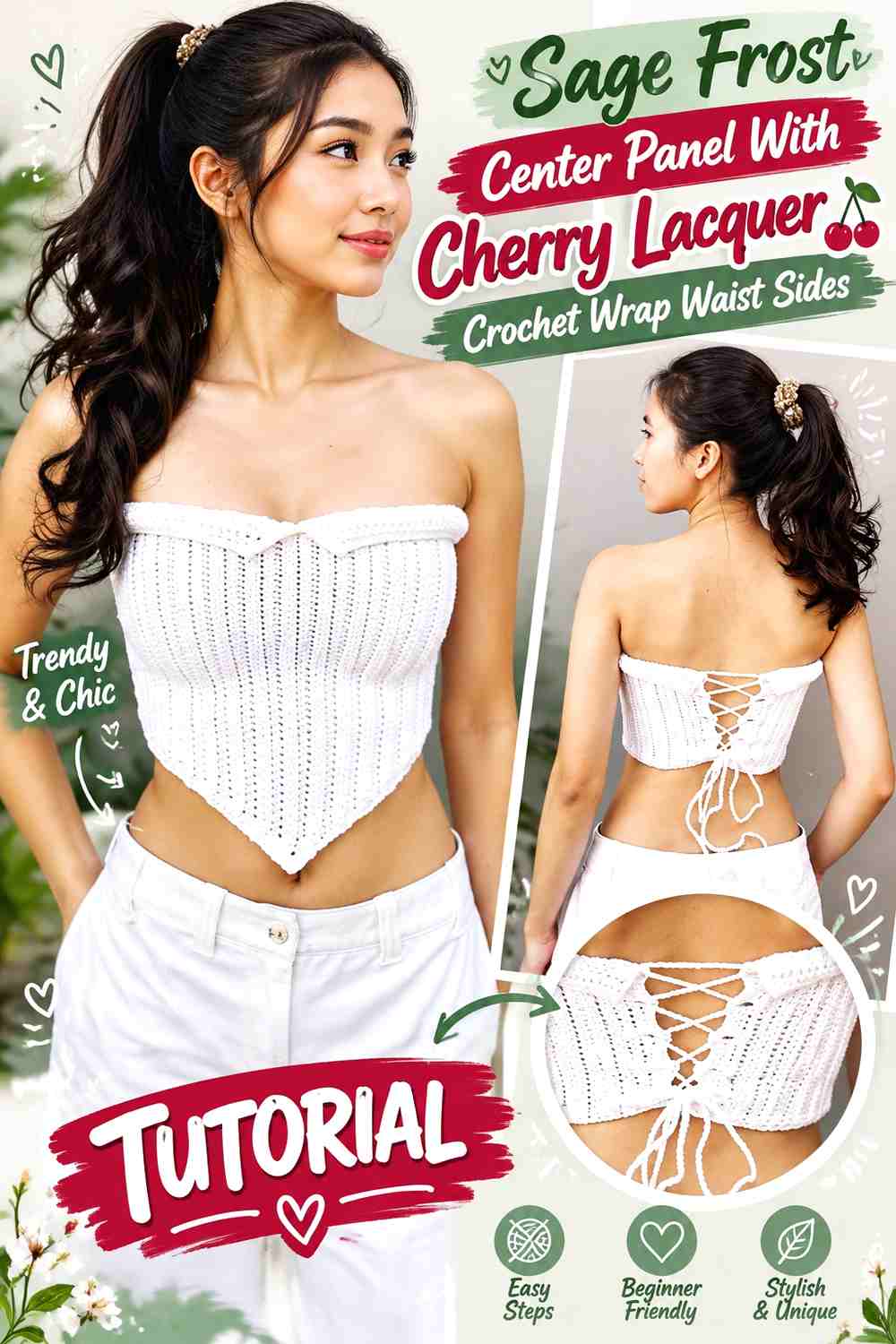 Sage Frost Center Panel With Cherry Lacquer Crochet Wrap Waist Sides