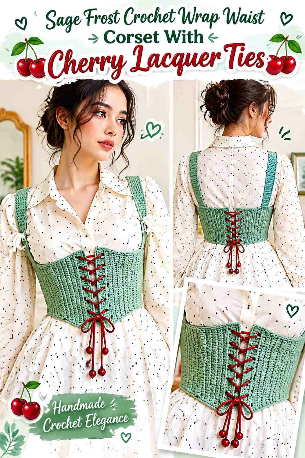 Sage Frost Crochet Wrap Waist Corset With Cherry Lacquer Ties