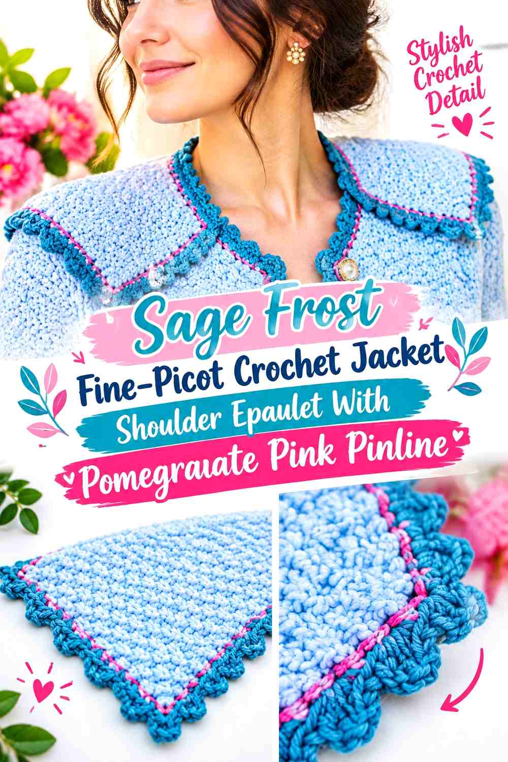 Sage Frost Fine-Picot Crochet Jacket Shoulder Epaulet With Pomegranate Pink Pinline