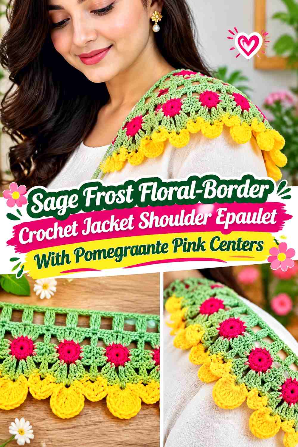 Sage Frost Floral-Border Crochet Jacket Shoulder Epaulet With Pomegranate Pink Centers