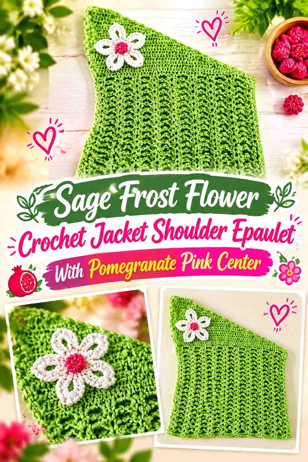 Sage Frost Flower Crochet Jacket Shoulder Epaulet With Pomegranate Pink Center