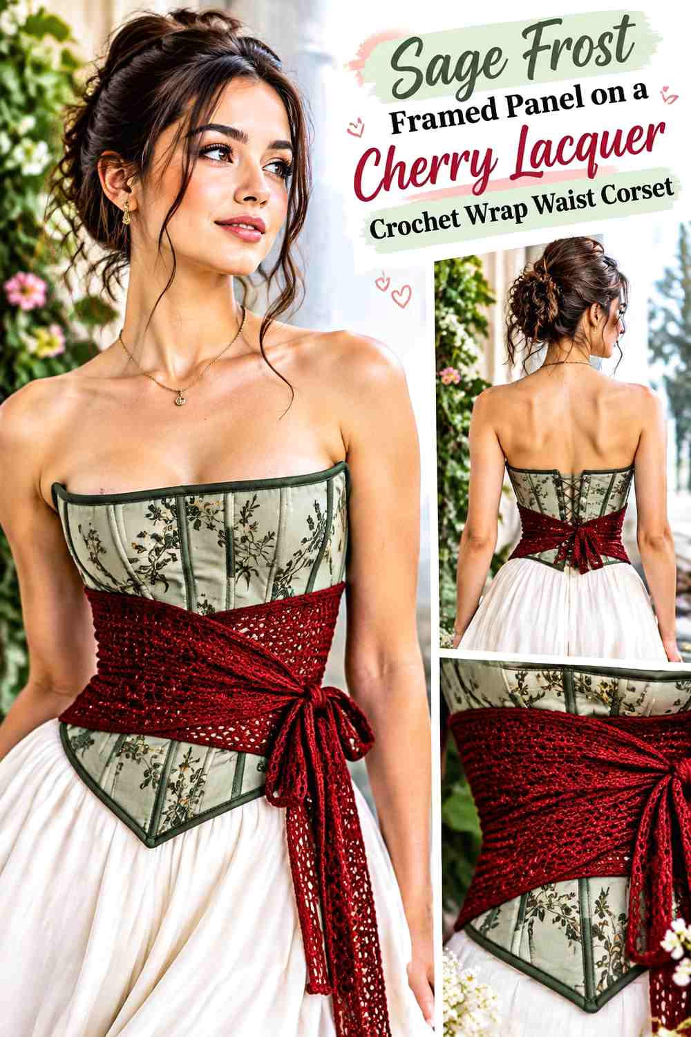 Sage Frost Framed Panel on a Cherry Lacquer Crochet Wrap Waist Corset