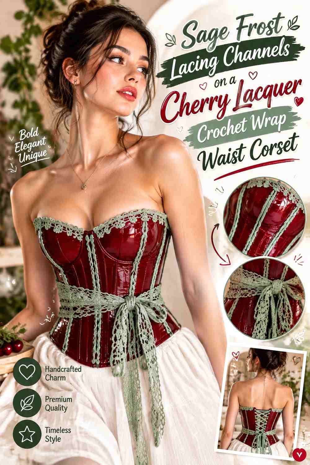 Sage Frost Lacing Channels on a Cherry Lacquer Crochet Wrap Waist Corset