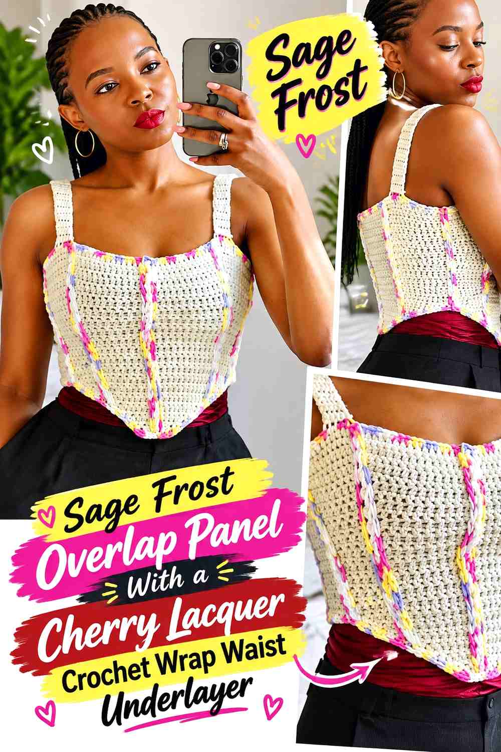 Sage Frost Overlap Panel With a Cherry Lacquer Crochet Wrap Waist Underlayer