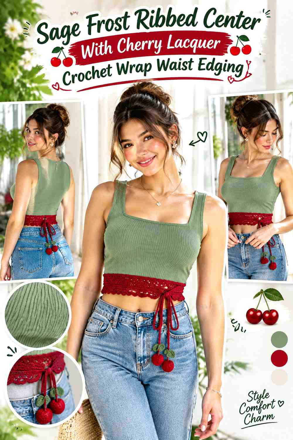 Sage Frost Ribbed Center With Cherry Lacquer Crochet Wrap Waist Edging
