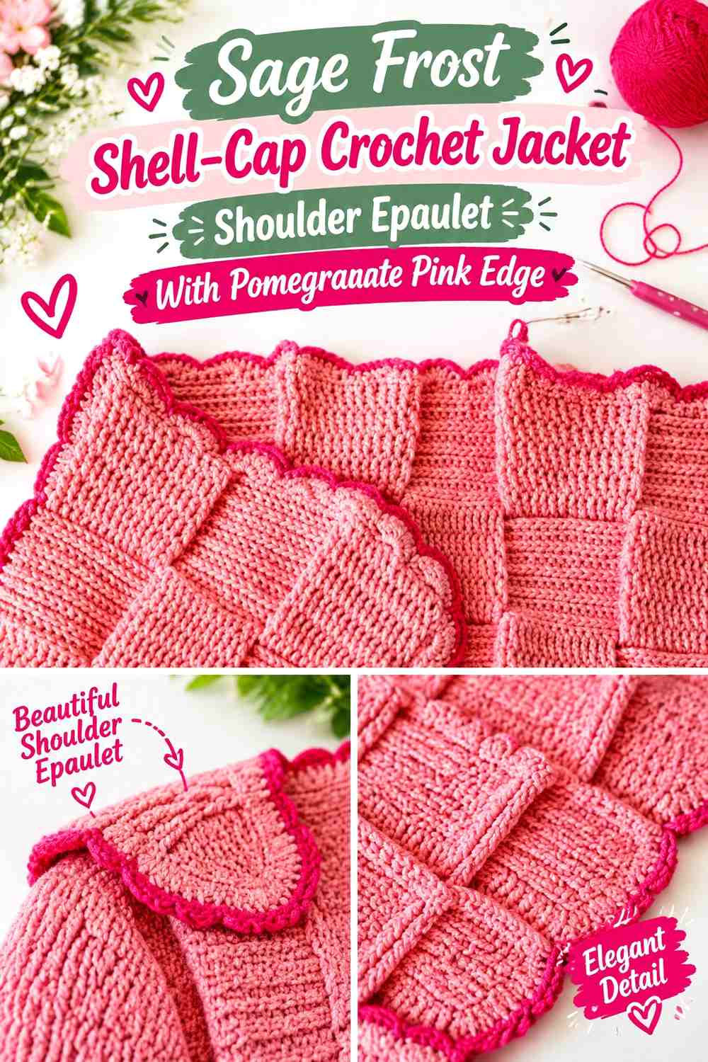 Sage Frost Shell-Cap Crochet Jacket Shoulder Epaulet With Pomegranate Pink Edge