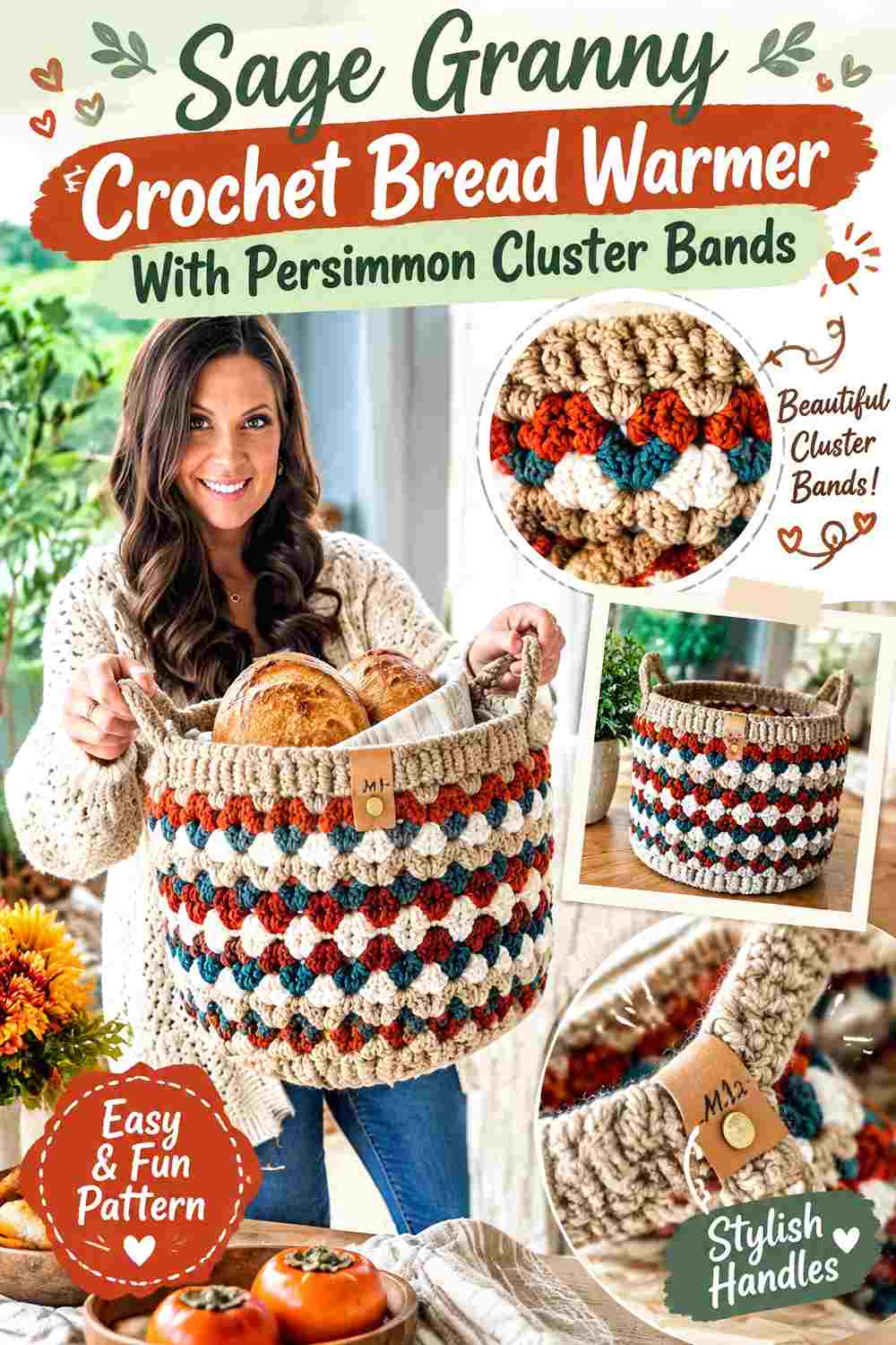 18. Sage Granny Crochet Bread Warmer With Persimmon Cluster Bands
