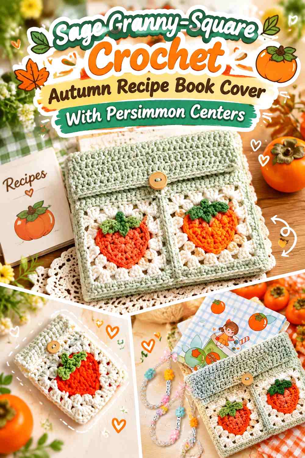 13. Sage Granny Square Crochet Autumn Recipe Book Cover With Persimmon Centers