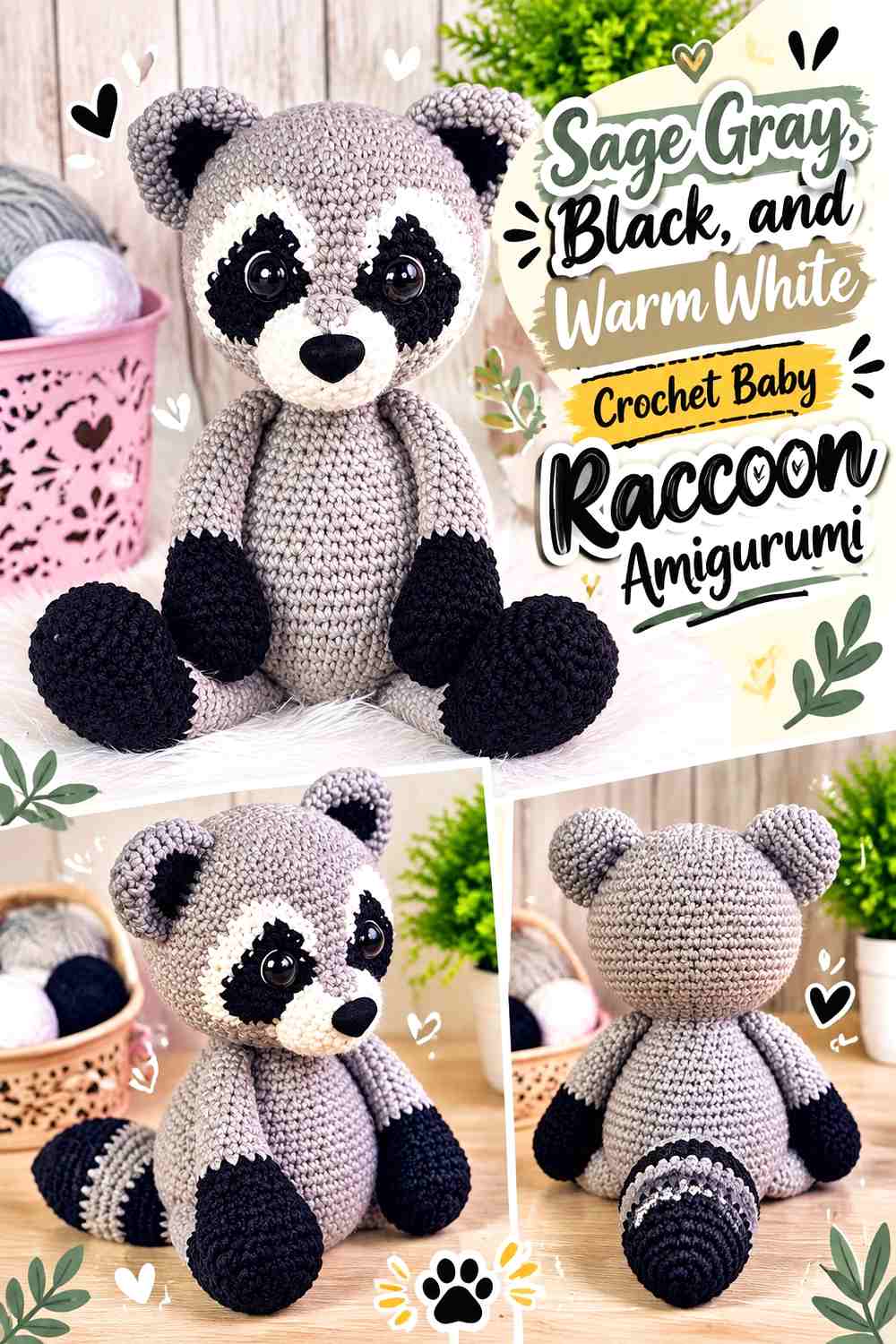 Sage Gray, Black, and Warm White Crochet Baby Raccoon Amigurumi