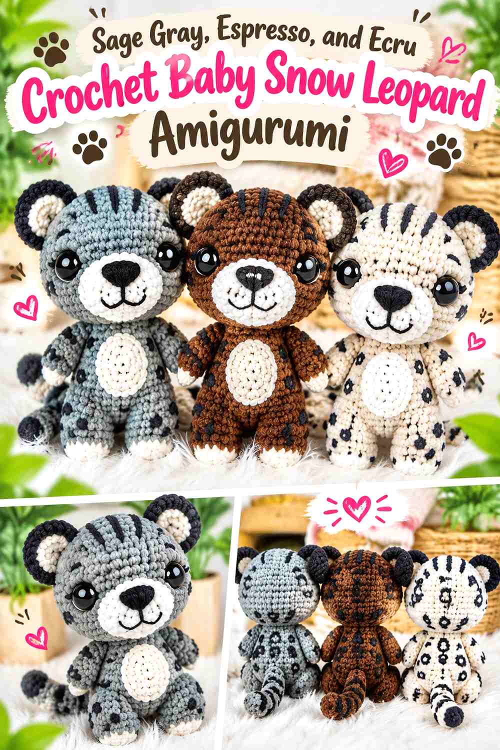 Sage Gray, Espresso, and Ecru Crochet Baby Snow Leopard Amigurumi