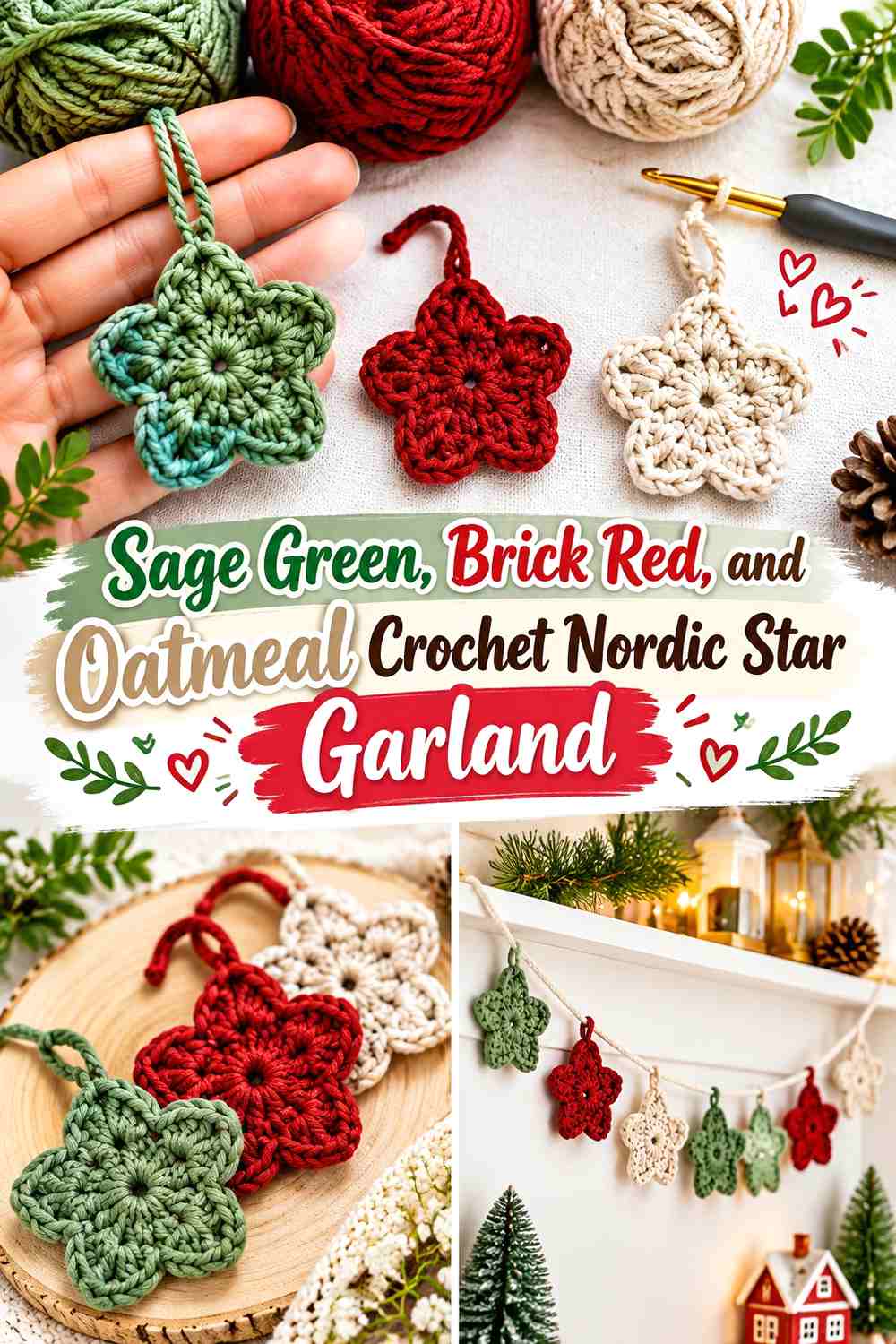 Sage Green, Brick Red, and Oatmeal Crochet Nordic Star Garland