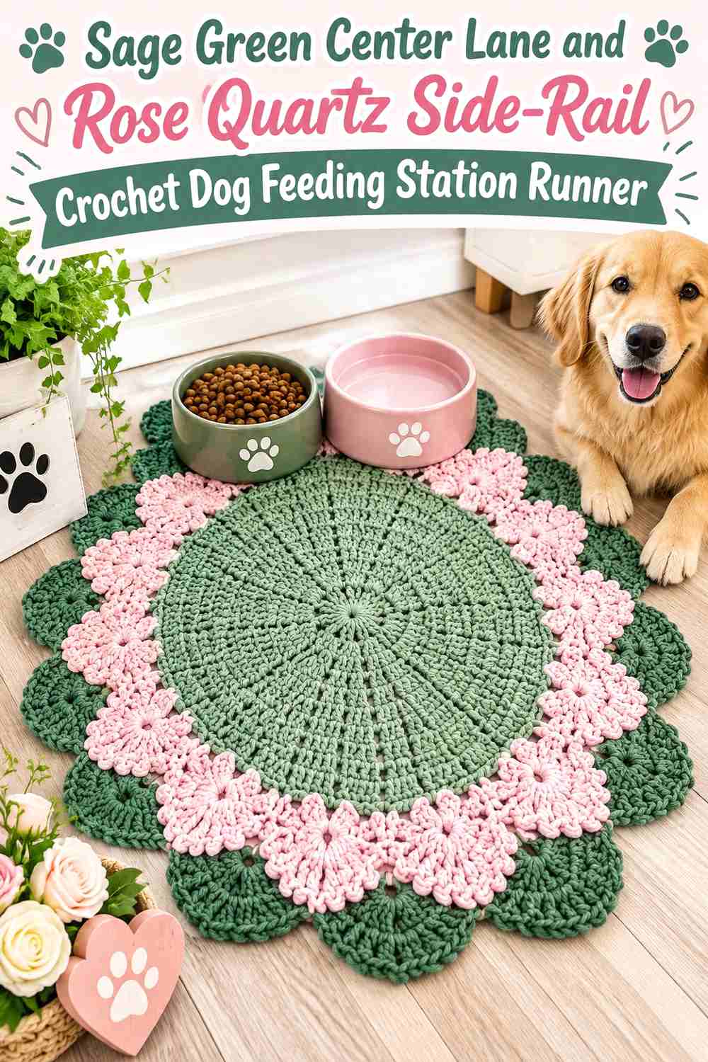 Sage Green Center Lane and Rose Quartz Side-Rail Crochet Dog Feeding Station Runner