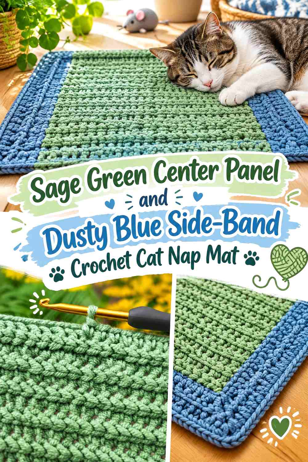 Sage Green Center Panel and Dusty Blue Side-Band Crochet Cat Nap Mat