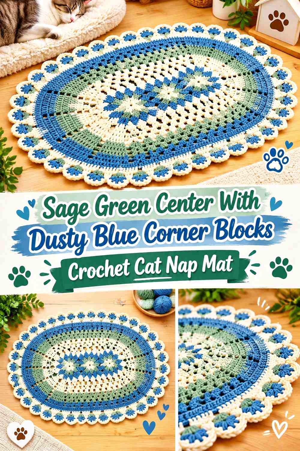 Sage Green Center With Dusty Blue Corner Blocks Crochet Cat Nap Mat