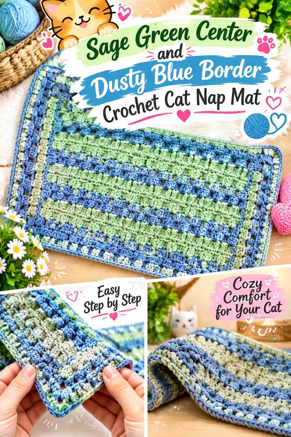 Sage Green Center and Dusty Blue Border Crochet Cat Nap Mat