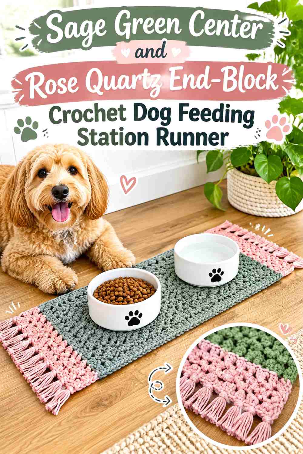 Sage Green Center and Rose Quartz End-Block Crochet Dog Feeding Station Runner