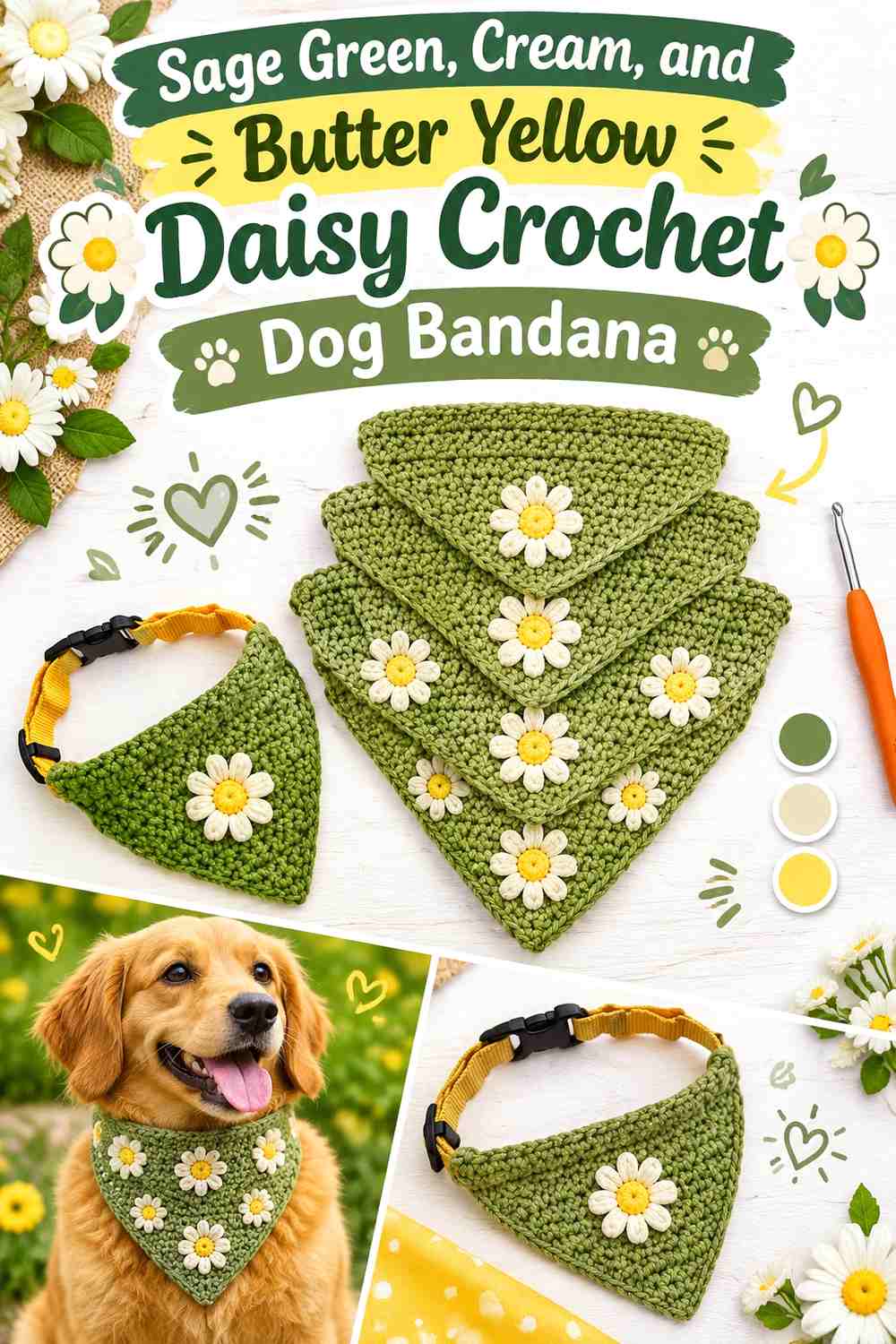 Sage Green, Cream, and Butter Yellow Daisy Crochet Dog Bandana