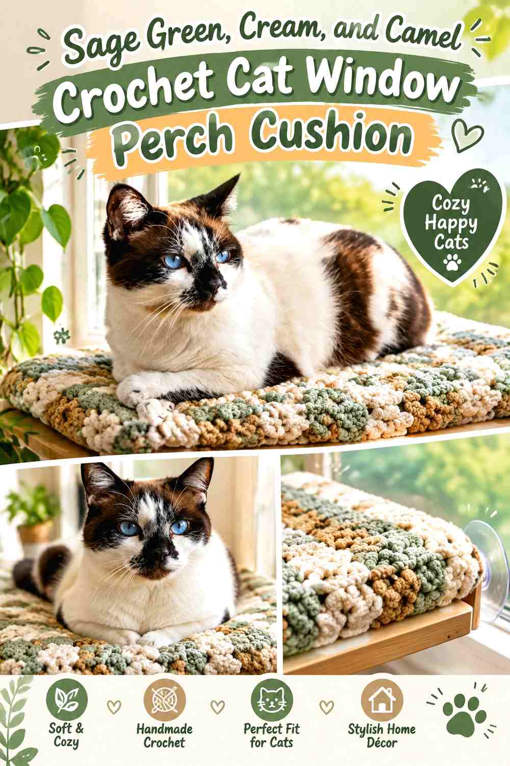 Sage Green, Cream, and Camel Crochet Cat Window Perch Cushion