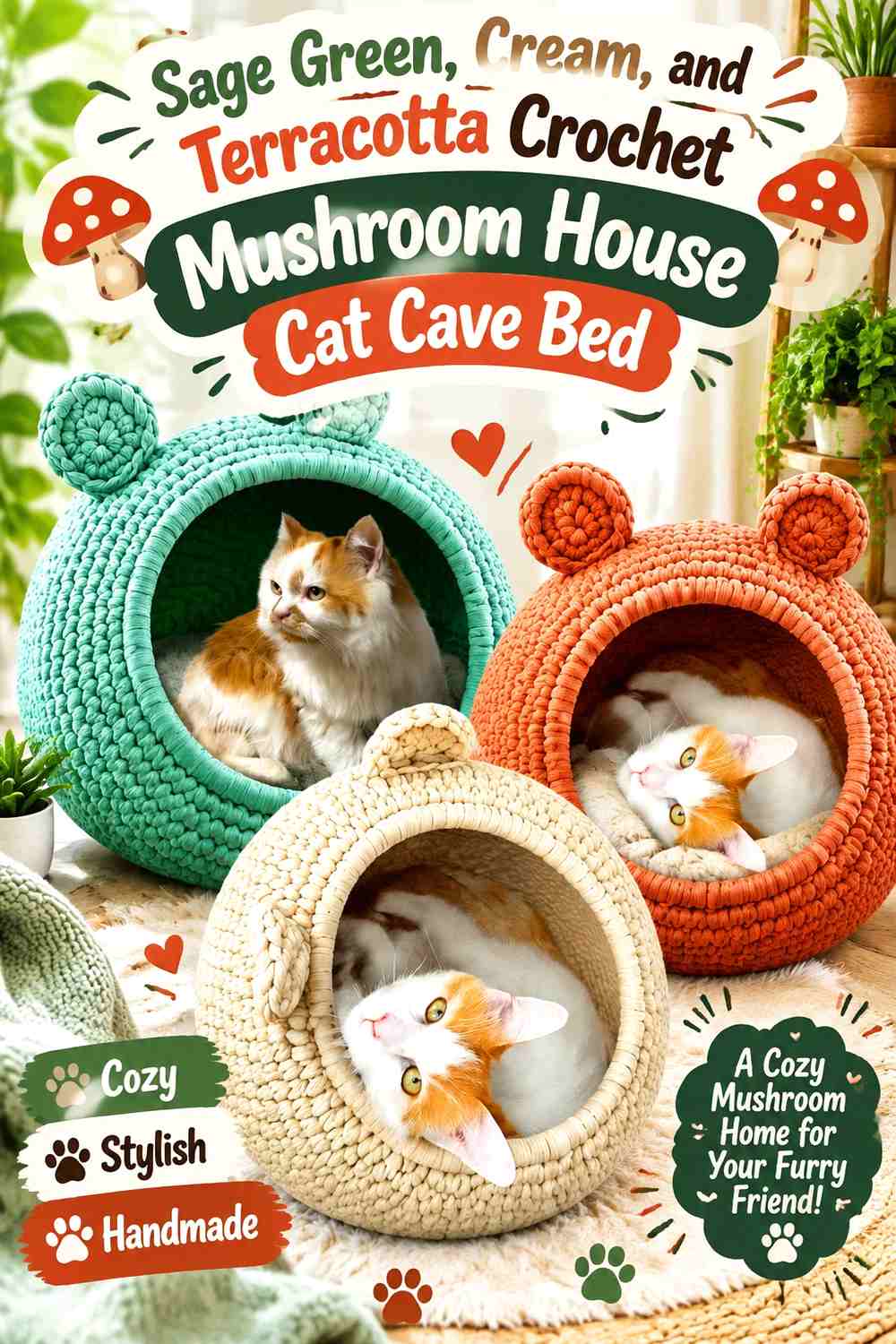 Sage Green, Cream, and Terracotta Crochet Mushroom House Cat Cave Bed