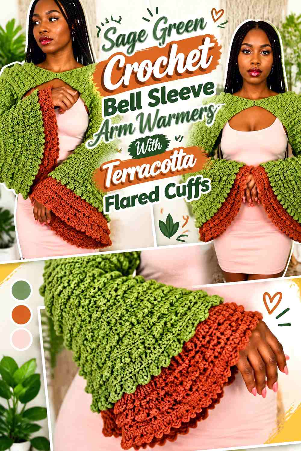 Sage Green Crochet Bell Sleeve Arm Warmers With Terracotta Flared Cuffs