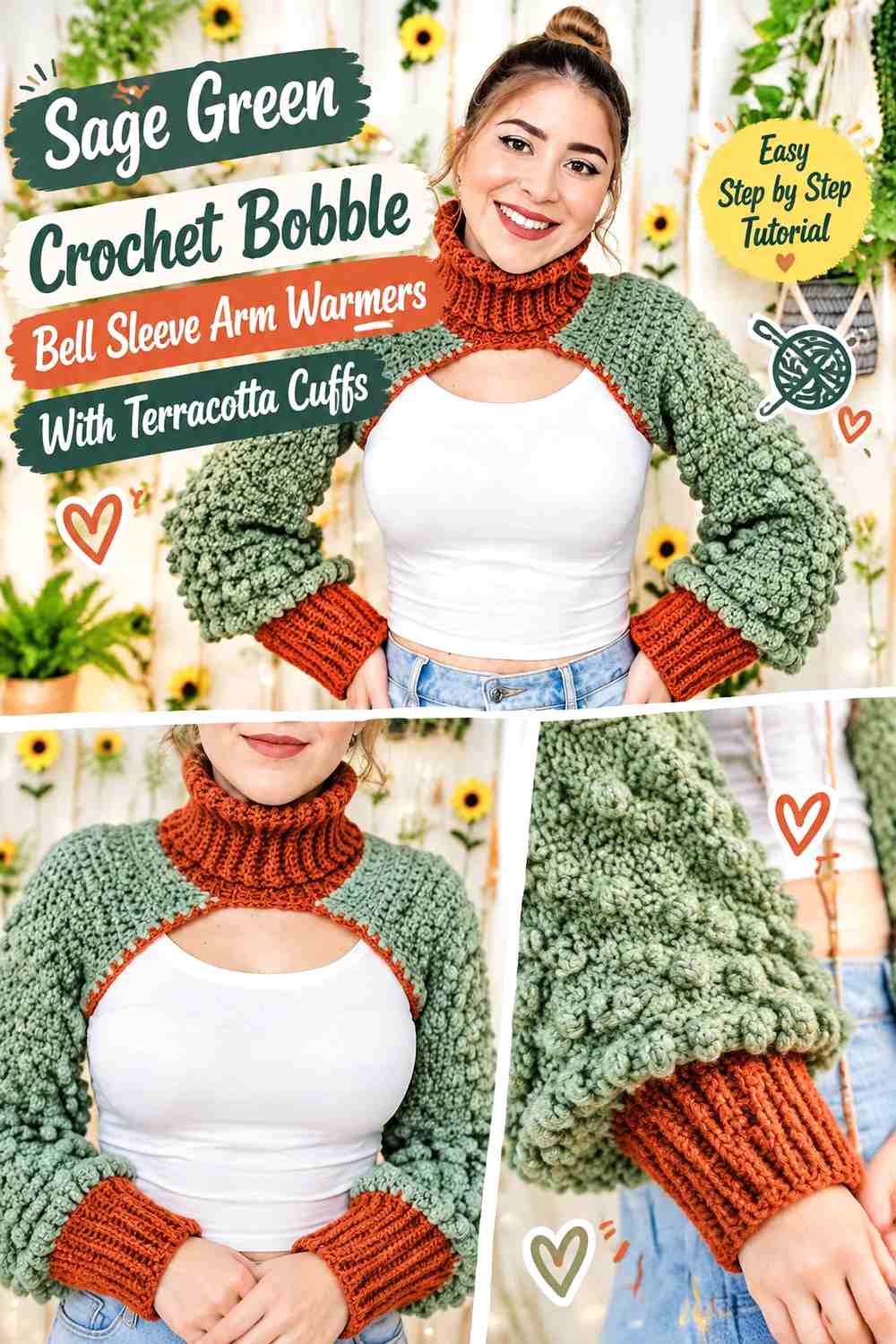 Sage Green Crochet Bobble Bell Sleeve Arm Warmers With Terracotta Cuffs