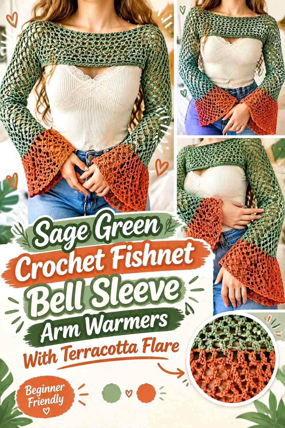 Sage Green Crochet Fishnet Bell Sleeve Arm Warmers With Terracotta Flare