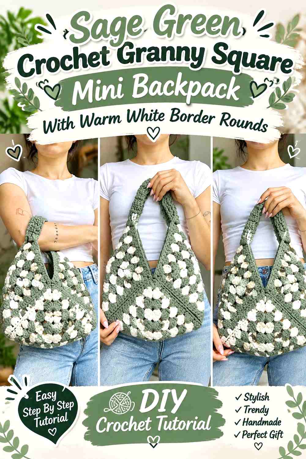 Sage Green Crochet Granny Square Mini Backpack With Warm White Border Rounds