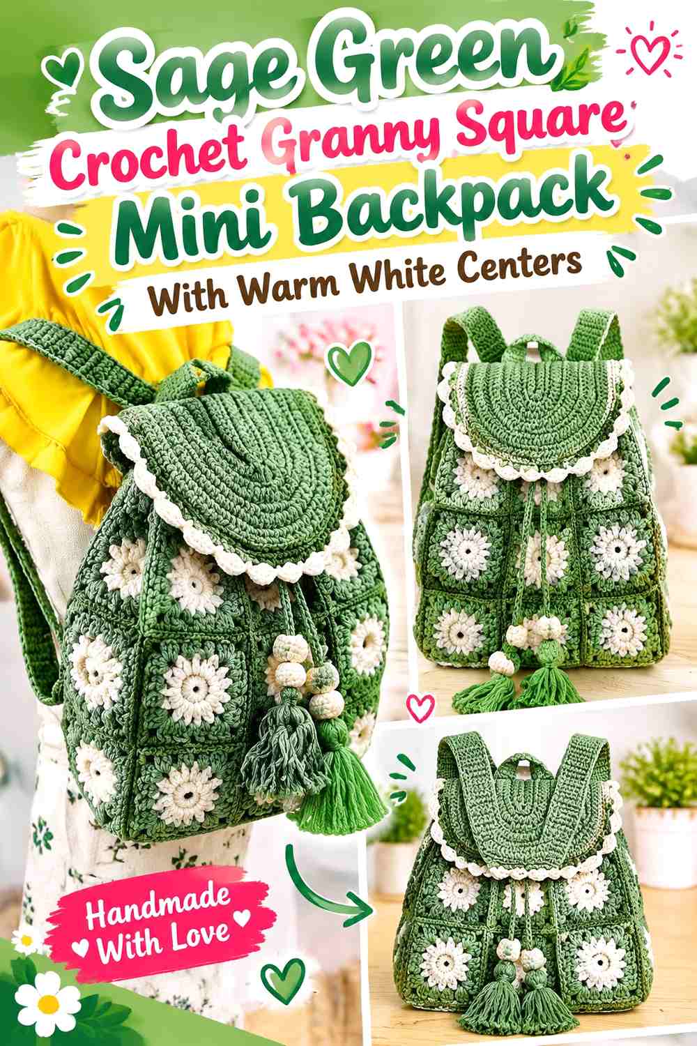 Sage Green Crochet Granny Square Mini Backpack With Warm White Centers