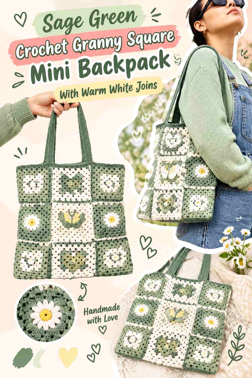 Sage Green Crochet Granny Square Mini Backpack With Warm White Joins