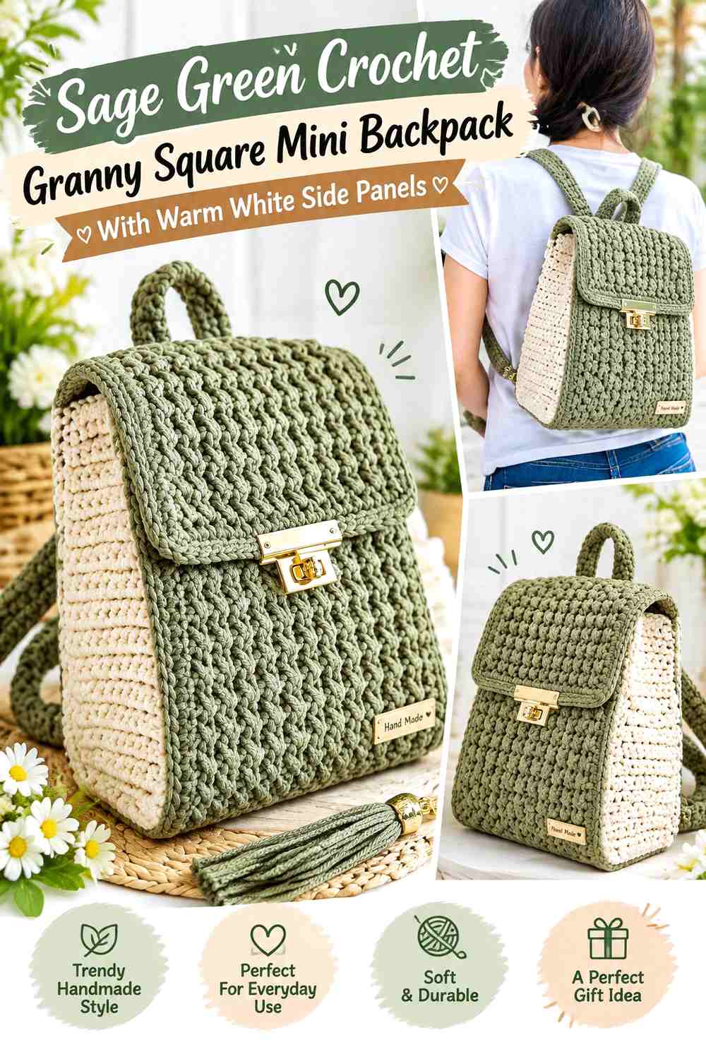 Sage Green Crochet Granny Square Mini Backpack With Warm White Side Panels
