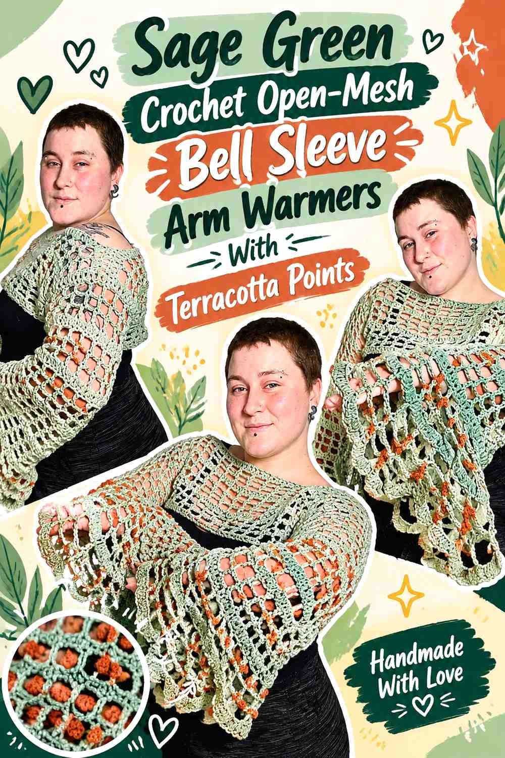 Sage Green Crochet Open-Mesh Bell Sleeve Arm Warmers With Terracotta Points