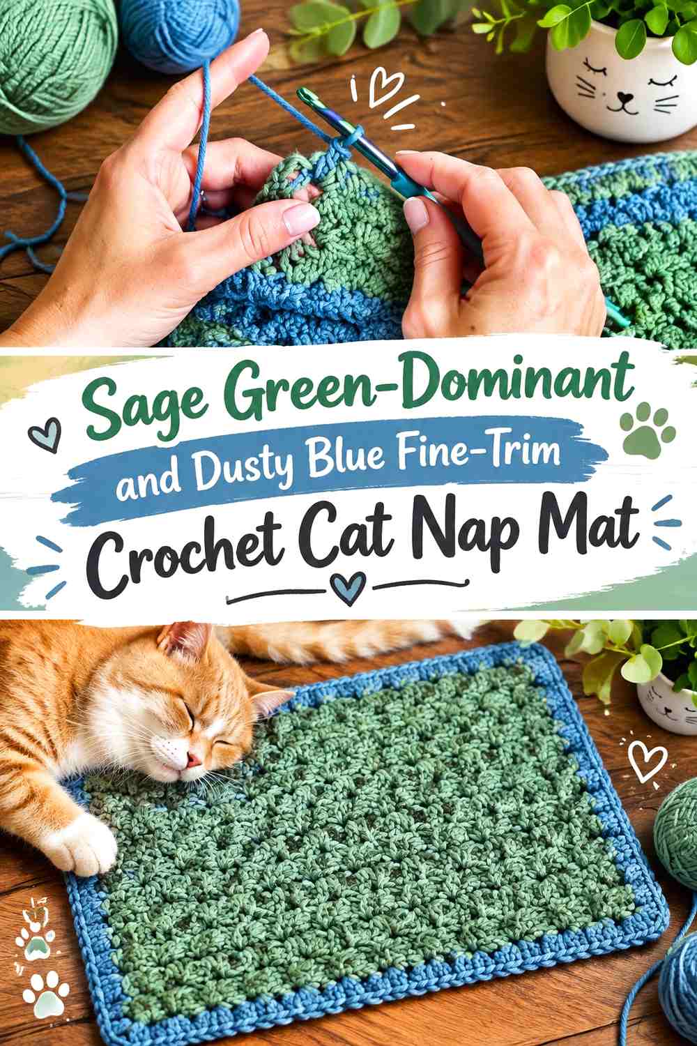 Sage Green-Dominant and Dusty Blue Fine-Trim Crochet Cat Nap Mat