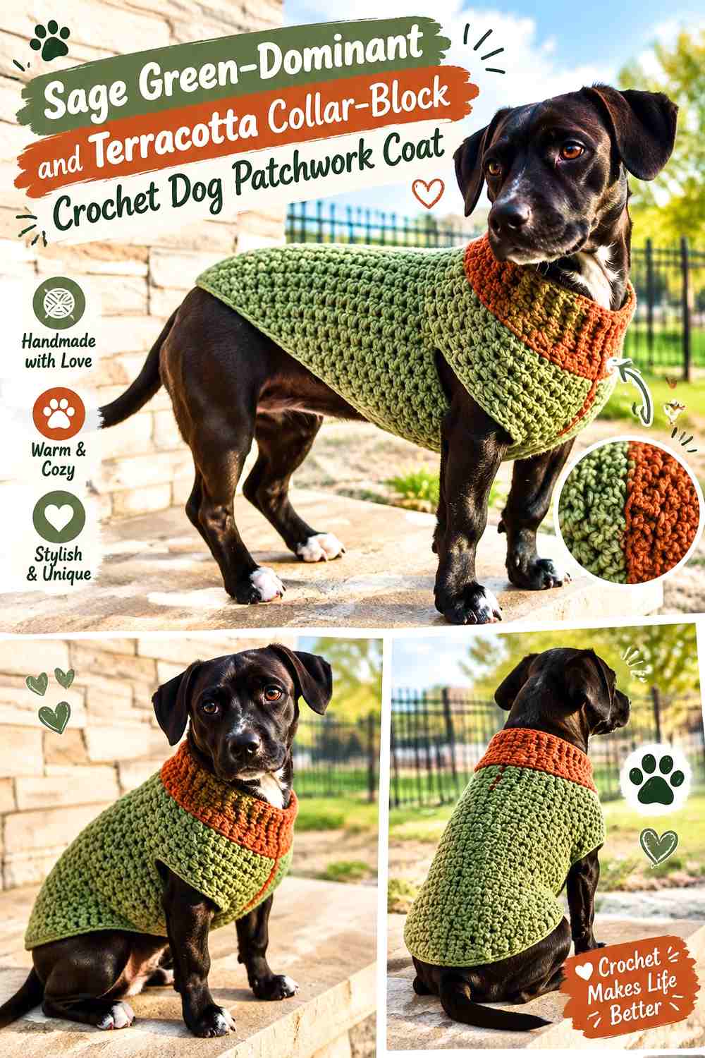 Sage Green-Dominant and Terracotta Collar-Block Crochet Dog Patchwork Coat