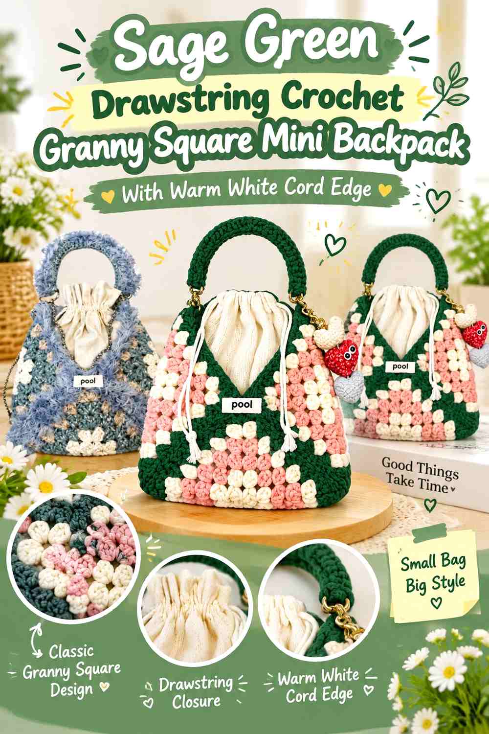 Sage Green Drawstring Crochet Granny Square Mini Backpack With Warm White Cord Edge